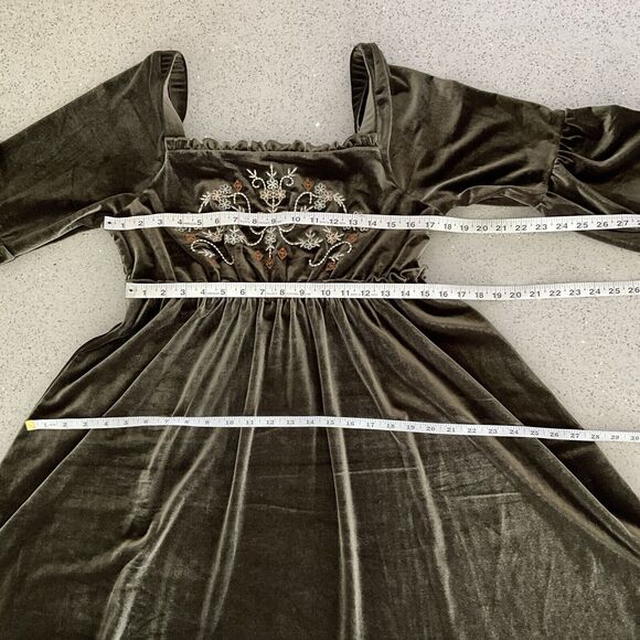 Miss Me Olive Green Velvet Embroidered Bodice Bell Sleeve Mini L - Picture 8 of 12